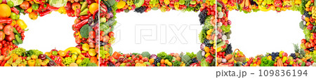Collection frames of fruits, vegetables and berries isolated on white 109836194