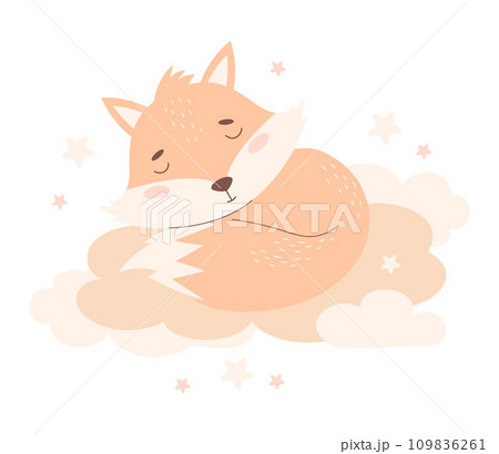 Cute sleeping animal fox on cloud. Vector illustration. Red wild animal character in pastel colors. Kids collection. 109836261