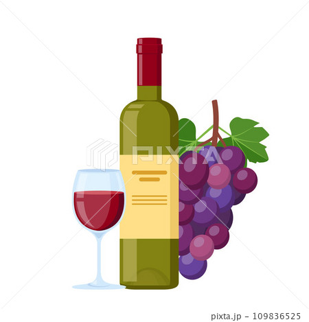 Bottle of wine with a glass and grapes. Winery. Vector illustration. 109836525