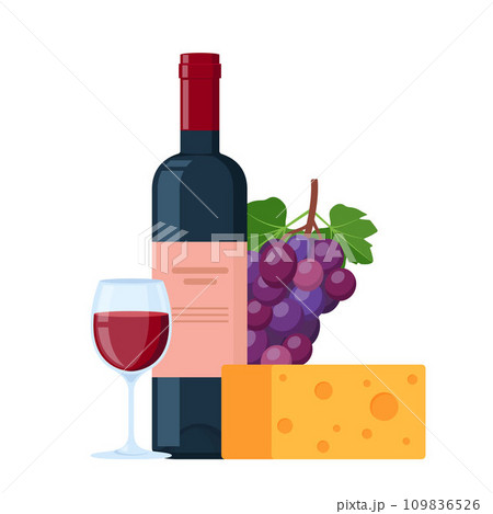 Wine bottle, piece of cheese, bunch of grapes and glass of wine. Sommelier accessory. Vector illustration. 109836526