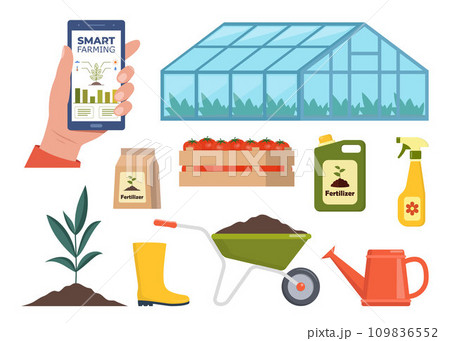 Different farm elements. Greenhouse, fertilizers, tractor, cart. Smart farming. Smartphone with app for control plants growing. Vector illustration. 109836552