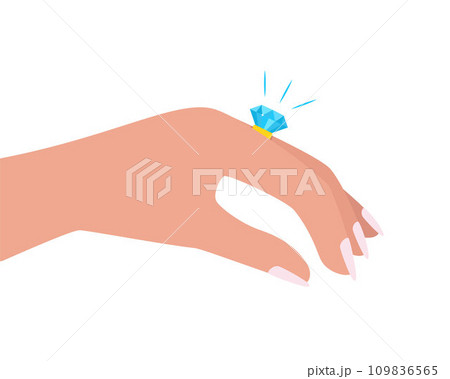 Women's hand with a beautiful ring with a big shining diamond. A marriage proposal and wedding concept. Vector illustration. Women's hand with a beautiful ring with a big shining diamond. A marriage proposal and wedding concept. Vector illustration. 109836565