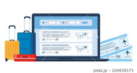 Online booking of flight tickets on the flight search site. Laptop, air tickets and baggage. Travel, journey, business trip. Vector illustration. Online booking of flight tickets on the flight search site. Laptop, air tickets and baggage. Travel, journey, business trip. Vector illustration. 109836573