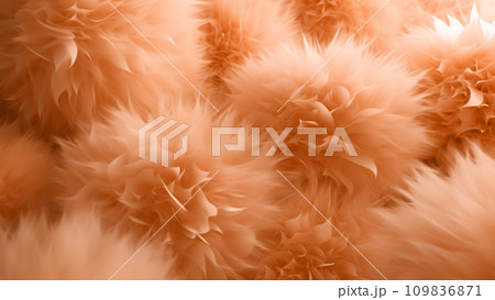 Fluffy soft peach fuzz color pompoms closeup macro shot background with a delicate furry texture. Modern trendy tone hue shade. Generative AI 109836871