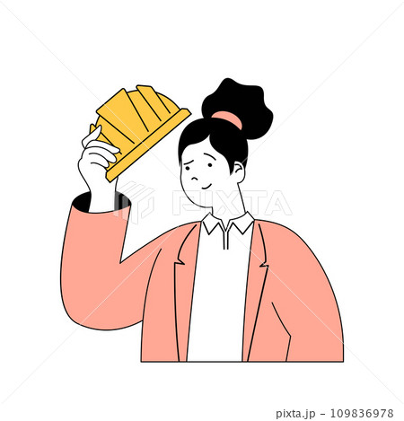 Insurance service concept with cartoon people in flat design for web. Woman with builder helmet uses occupational accident insurance. Vector illustration for social media banner, marketing material. 109836978