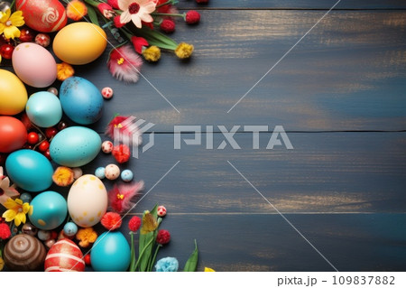 Vibrant background, colorful eggs, festive decorations, and a canvas for joyful messages Vibrant background, colorful eggs, festive decorations, and a canvas for joyful messages 109837882