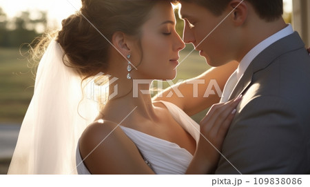 Wedding couple, gentle kiss, surrounded by romance Wedding couple, gentle kiss, surrounded by romance 109838086