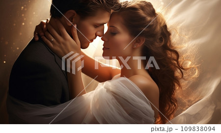 Wedding couple, gentle kiss, surrounded by romance 109838094