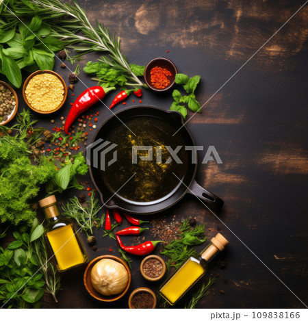 Selection of spices, herbs and olive oil on dark table 109838166