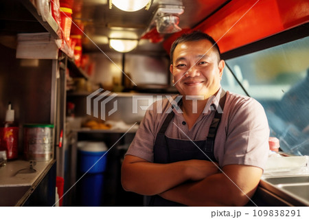 AI-generated content. Close-up portrait of a chinese seller of a food truck, smiling AI-generated content. Close-up portrait of a chinese seller of a food truck, smiling 109838291