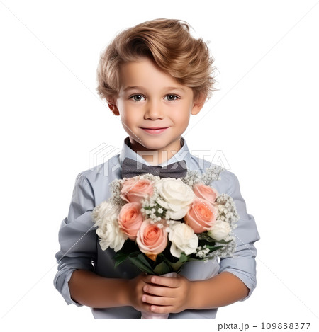 little boy with flowers bouquet isolated little boy with flowers bouquet isolated 109838377