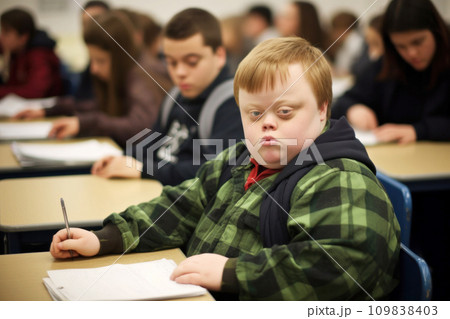 AI-generated content. Boy with down syndrome is sitting in a school class 109838403