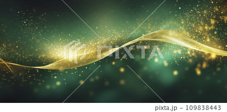 AI-generated content. Waves of golden sparkles, shiny glitter bokeh lights on green background 109838443