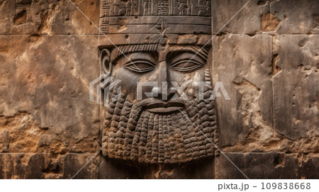 Babylonian wall art, face of king carved in old stone in Mesopotamia. Artifact of Ancient Sumerian and Assyrian civilization in Middle East, history of Iraq, Babylon culture 109838668