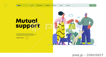 Mutual Support: Pet-sitting -modern flat vector concept illustration of a woman going on vacation leaving her dogs with neighbor. A metaphor of voluntary, collaborative exchanges of resource, services Mutual Support: Pet-sitting -modern flat vector concept illustration of a woman going on vacation leaving her dogs with neighbor. A metaphor of voluntary, collaborative exchanges of resource, services 109839857