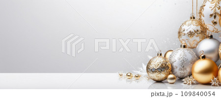 AI-generated content. Luxurious Christmas Ornaments Display in Gold, Silver, and White 109840054