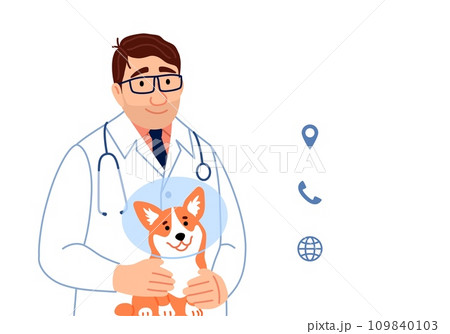 Veterinary business card template with blank text space for contact information, website, phone. Young male veterinarian with dog visiting card design Flat line vet clinic creative vector illustration Veterinary business card template with blank text space for contact information, website, phone. Young male veterinarian with dog visiting card design Flat line vet clinic creative vector illustration 109840103