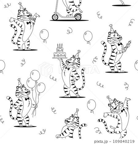 Cartoon tigers in party hat seamless pattern. Black and white outline cute wild cat print for kids decoration design. Coloring page wrapping paper textile repeat tile. Creative illustration 109840219