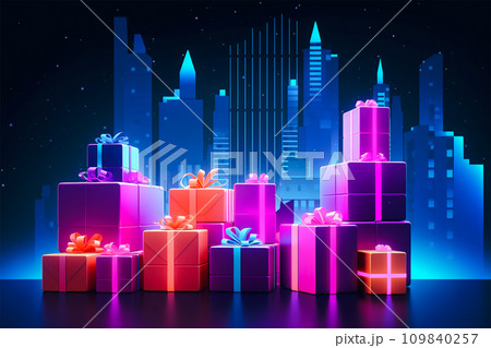 Art of gift boxes and skyscraper in background, neon light, generative AI. 109840257