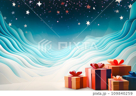 Art of gift boxes and star shape, wavy line graphic background, generative AI. 109840259
