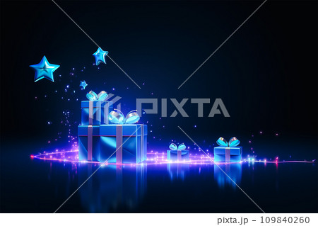Art of gift boxes and star with glowing effect, blue neon line, generative AI. 109840260