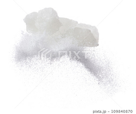 Rock Sugar mix refined ground dust fly explosion, white crystal Rock Sugar abstract cloud floating. Big Rock Sugar splash throwing in air. white background isolated high speed freeze motion 109840870