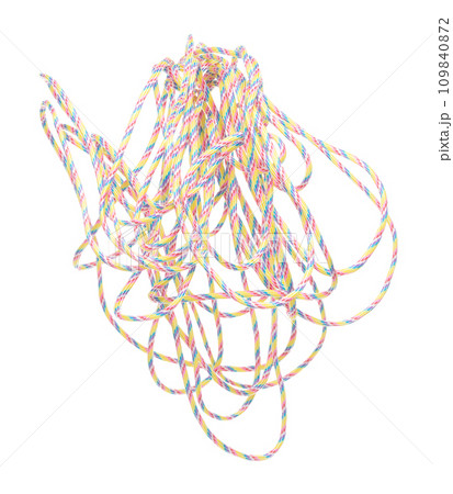 Tangle Mess Complicated Climbing Rope roll fly in air. Strong safety climbing rope for sport mountain hobby, need safety gear to lock hold weight of climber rope. White background isolated 109840872