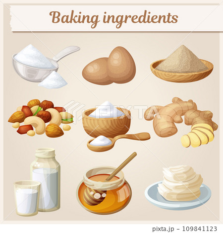 Baking ingredients cartoon vector icons set. Collection of cooking illustrations eggs, nuts, yeast, sugar, milk, powder, honey, Baking ingredients cartoon vector icons set. Collection of cooking illustrations eggs, nuts, yeast, sugar, milk, powder, honey, 109841123