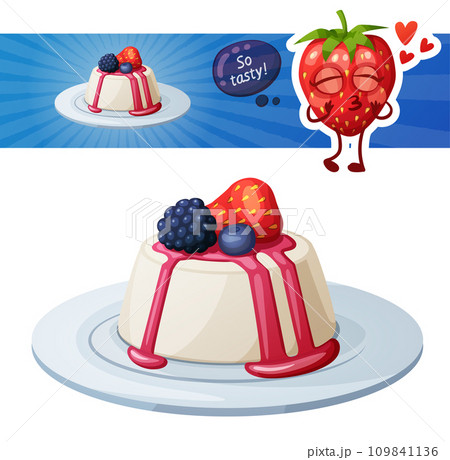 Panna cotta dessert with berries icon and strawberry character. Cartoon vector illustration isolated on white background 109841136