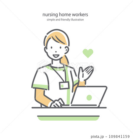 介護施設の受付で、笑顔で案内をする女性スタッフ　シンプルでお洒落な線画イラスト 109841159