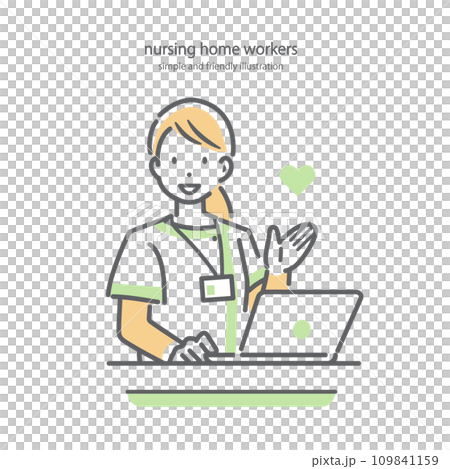 介護施設の受付で、笑顔で案内をする女性スタッフ　シンプルでお洒落な線画イラスト 109841159