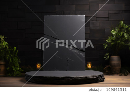 Black Stone Podium with Plants for Product Display, Showcase Stand for Marketing Merchandise 109841511