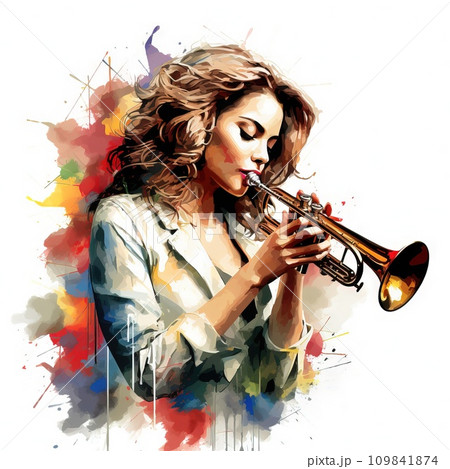 AI-generated content. Beautiful woman playing a brass trumpet concept white Background Generative AI 109841874