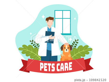 Pets Care Vector Illustration with Animal Shelter or Vet Clinic for Taking Care of Dog or Cat in Healthcare Flat Cartoon Background Design Pets Care Vector Illustration with Animal Shelter or Vet Clinic for Taking Care of Dog or Cat in Healthcare Flat Cartoon Background Design 109842120