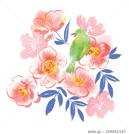 椿とメジロの背景用イラスト素材 109842187