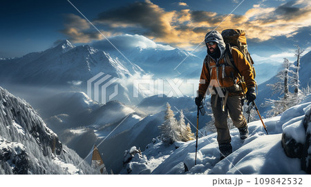 冬の険しい山を登山する人 冬の険しい山を登山する人 109842532