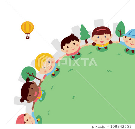 手をつないで空を見上げる子供たちのイラスト/様々な人種(緑の芝生) | コーナー・フッターデザイン用 手をつないで空を見上げる子供たちのイラスト/様々な人種(緑の芝生) | コーナー・フッターデザイン用 109842555