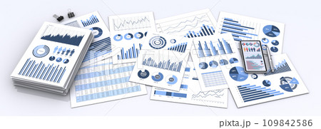 スマートフォンと山積みにしたビジネス資料、事業戦略の構築やデータ分析のイメージ 109842586