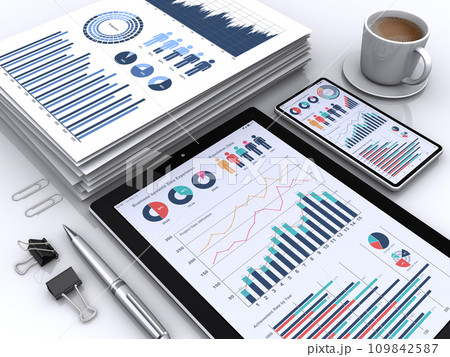 山積みにしたビジネス資料とデータを表示するモバイル端末 109842587