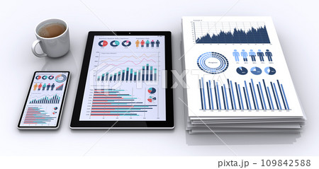 モバイル端末と山積みにしたビジネス資料、事業戦略の構築やデータ分析のイメージ モバイル端末と山積みにしたビジネス資料、事業戦略の構築やデータ分析のイメージ 109842588