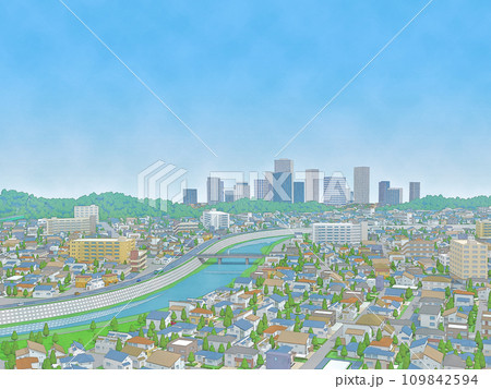 家 住宅 街 都市 手描き風 イラスト  水彩画風 背景 家 住宅 街 都市 手描き風 イラスト  水彩画風 背景 109842594