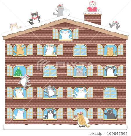 かわいい家の窓からコミカルな猫が覗くイラストセット_クリスマスバージョン かわいい家の窓からコミカルな猫が覗くイラストセット_クリスマスバージョン 109842595