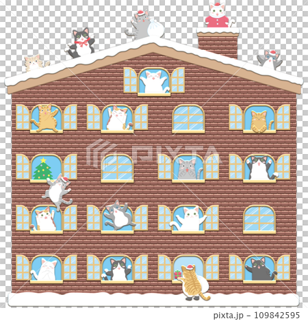 かわいい家の窓からコミカルな猫が覗くイラストセット_クリスマスバージョン かわいい家の窓からコミカルな猫が覗くイラストセット_クリスマスバージョン 109842595