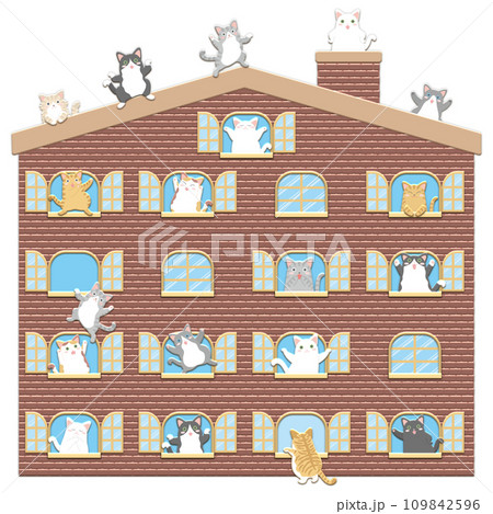 かわいい家の窓からコミカルな猫が覗くイラストセット 109842596