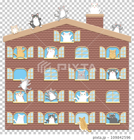 Illustration set of a comical cat peeking out of the window of a cute house 109842596