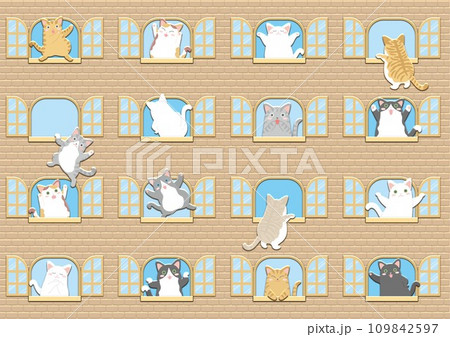 窓といろんなポーズのにゃんこ_レンガの背景あり_黄色いレンガ_イラストセット 109842597