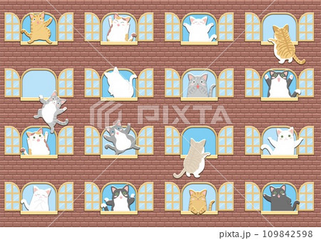 窓といろんなポーズのにゃんこ_レンガの背景あり_赤レンガ_イラストセット 窓といろんなポーズのにゃんこ_レンガの背景あり_赤レンガ_イラストセット 109842598
