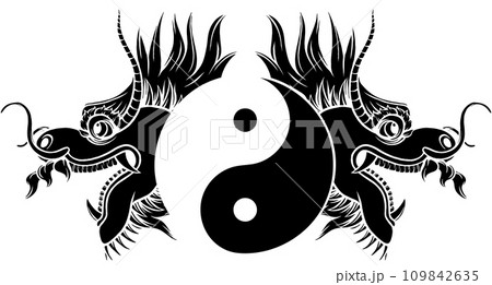 black silhouette of Japanese dragon head vector illustration in vintage style isolated on white background 109842635