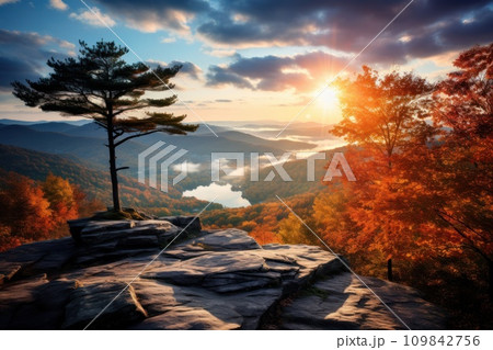 Autumn road trip. Highway in beautiful autumn landscape created with Generative AI technology 109842756