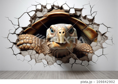 Cute turtle peeking out of a hole in wall for mockup. Generative AI 109842902